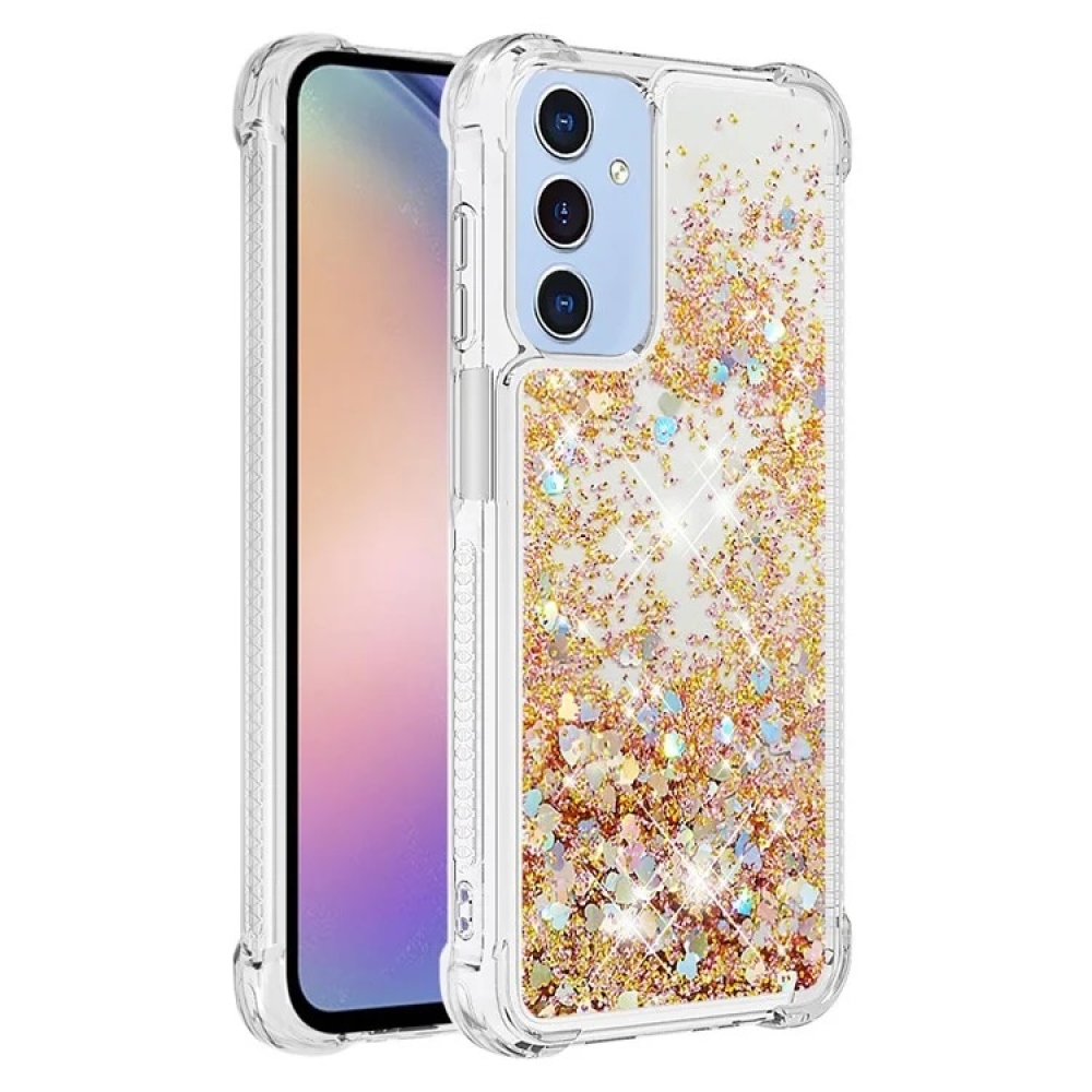 Glitter gelový přesýpací obal na Samsung Galaxy A15 4G/5G - zlatý/srdíčka