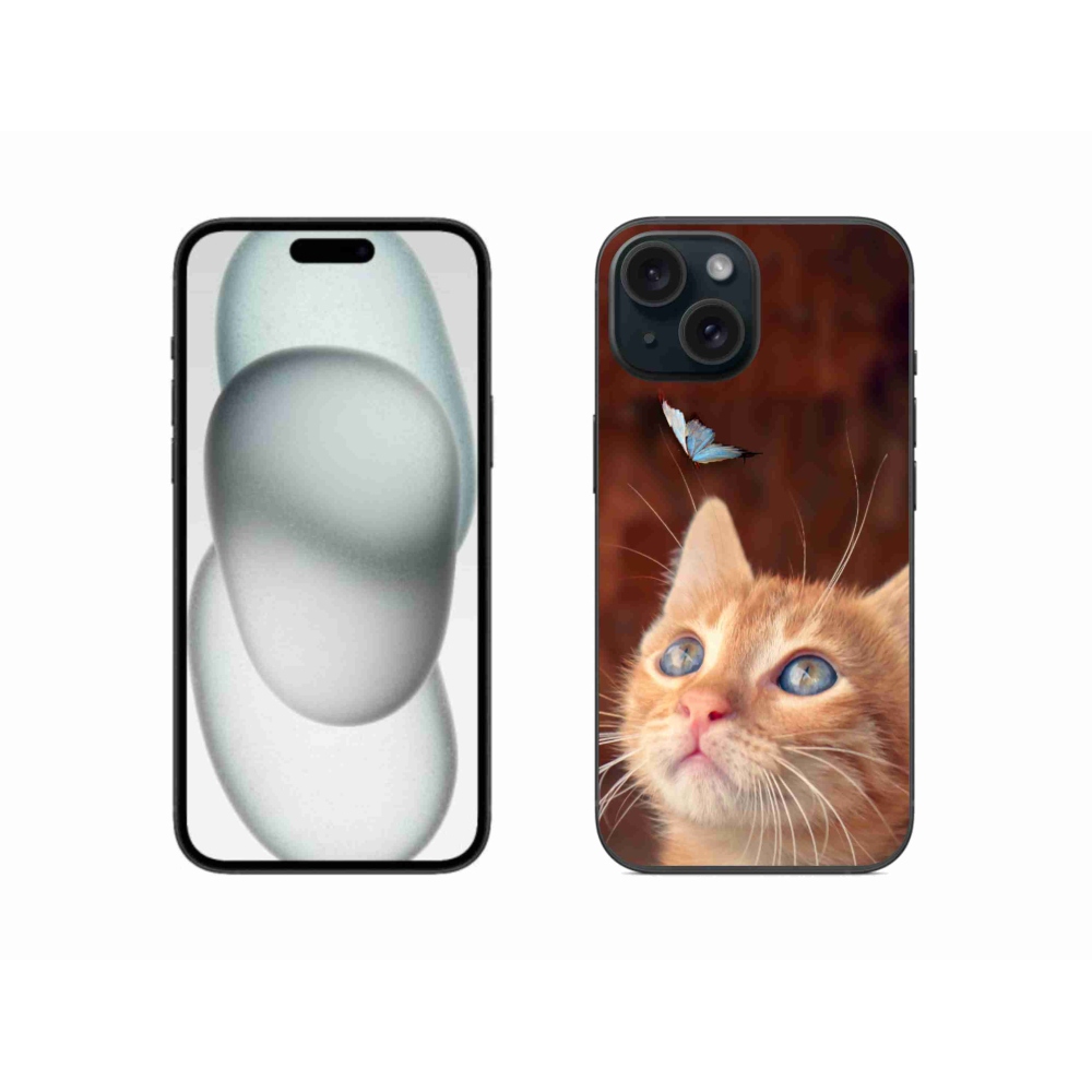 Gelový kryt mmCase na iPhone 15 - motýl a kotě