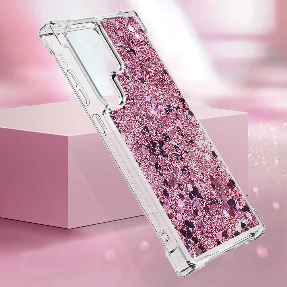 Glitter přesýpací gelový obal na Samsung Galaxy S24 Ultra - růžovozlatý/srdíčka