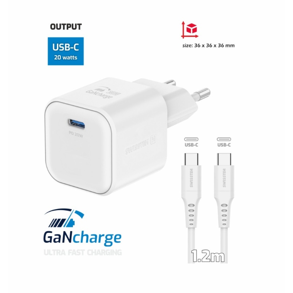 Nabíječka Swissten GaN 1x USB-C 20W Power Delivery + kabel USB-C/USB-C 1,2m - bílá