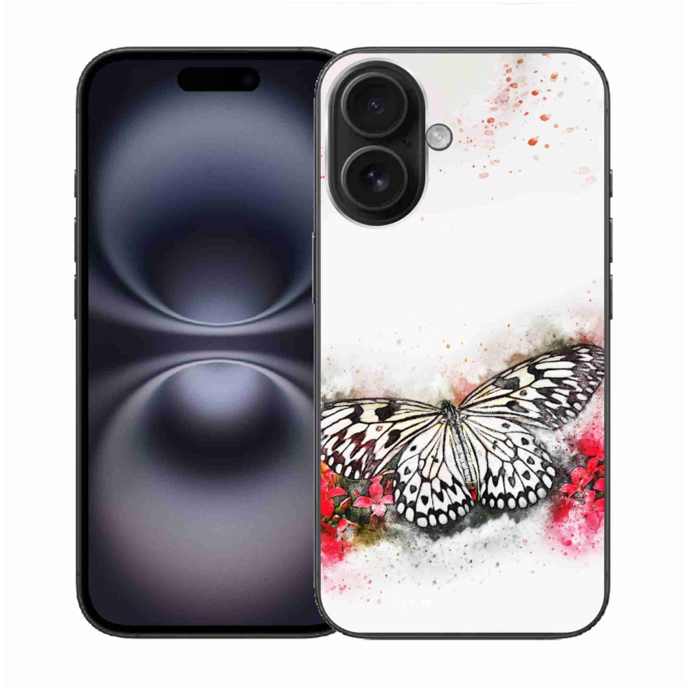 Gelový kryt mmCase na iPhone 16 - černobílý motýl