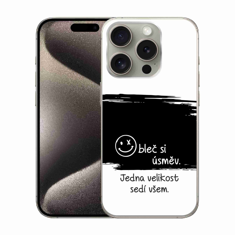 Gelový kryt mmCase na iPhone 15 Pro - vtipný text 8 černobílé pozadí