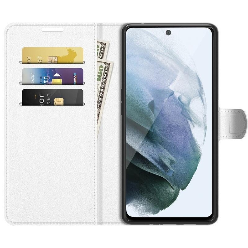 Litchi PU kožené peněženkové pouzdro na mobil Samsung Galaxy S21 FE 5G - bílé