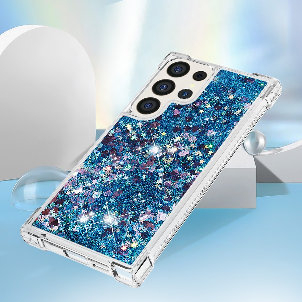 Glitter přesýpací gelový obal na Samsung Galaxy S24 Ultra - modrý/srdíčka