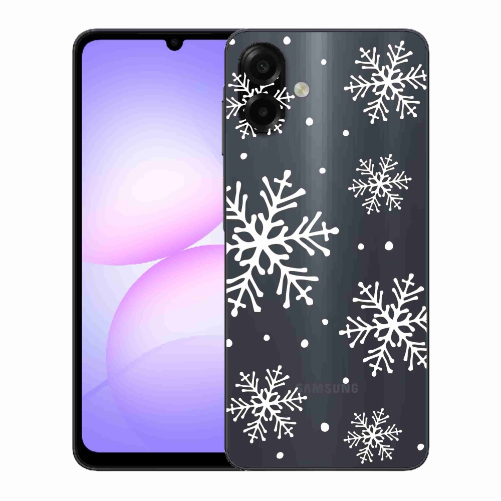 Gelový kryt mmCase na Samsung Galaxy A07 4G - bílé vločky na průhledném pozadí
