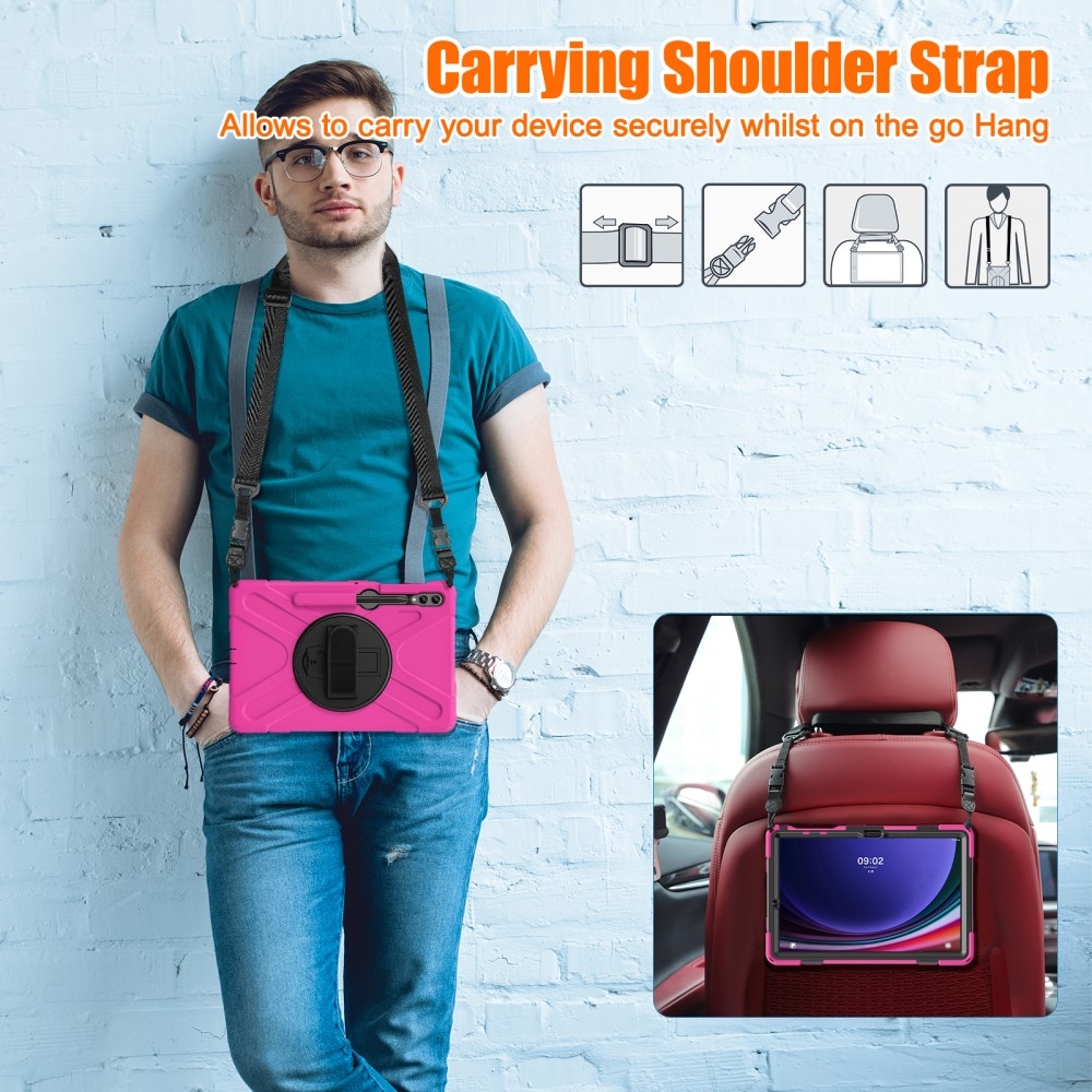 Strap odolný kryt s úchopem na ruku a popruhem na Samsung Galaxy Tab S10+/S9+/S9 FE+/S8+/S7+ - růžový