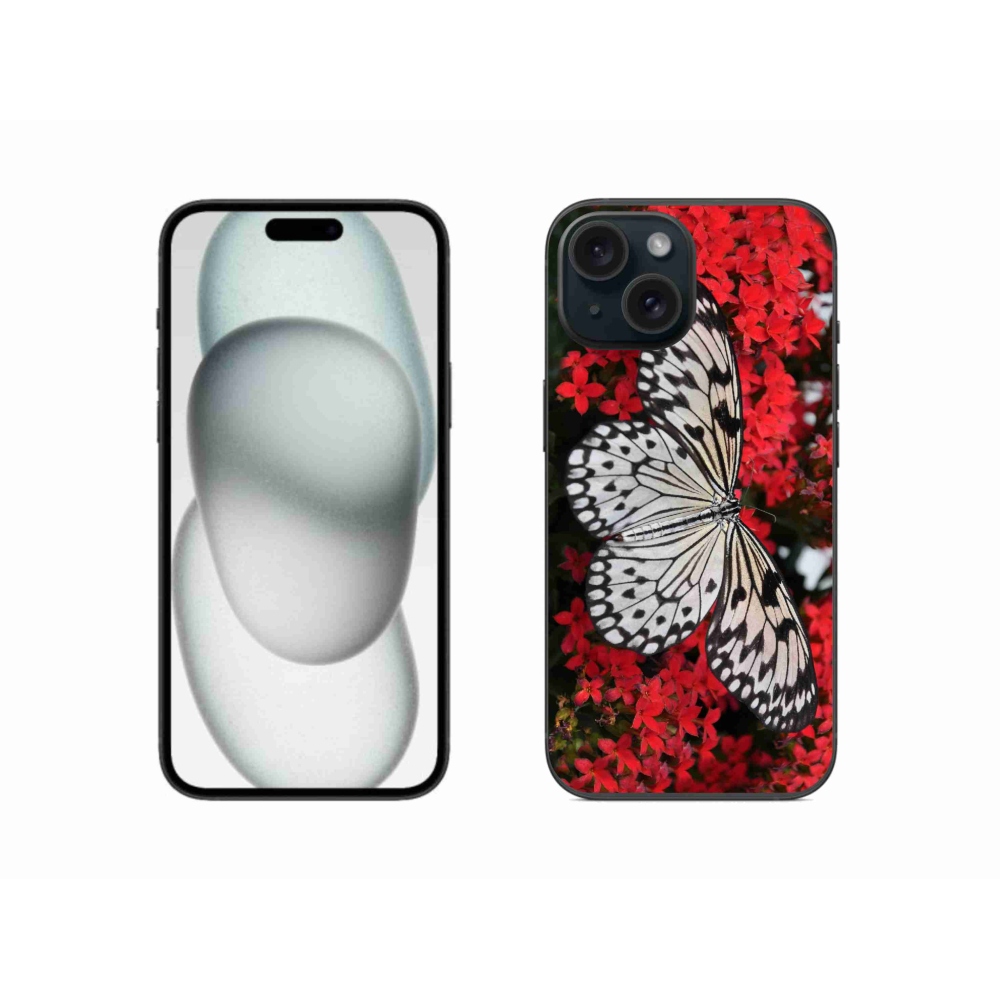 Gelový kryt mmCase na iPhone 15 - černobílý motýl 1