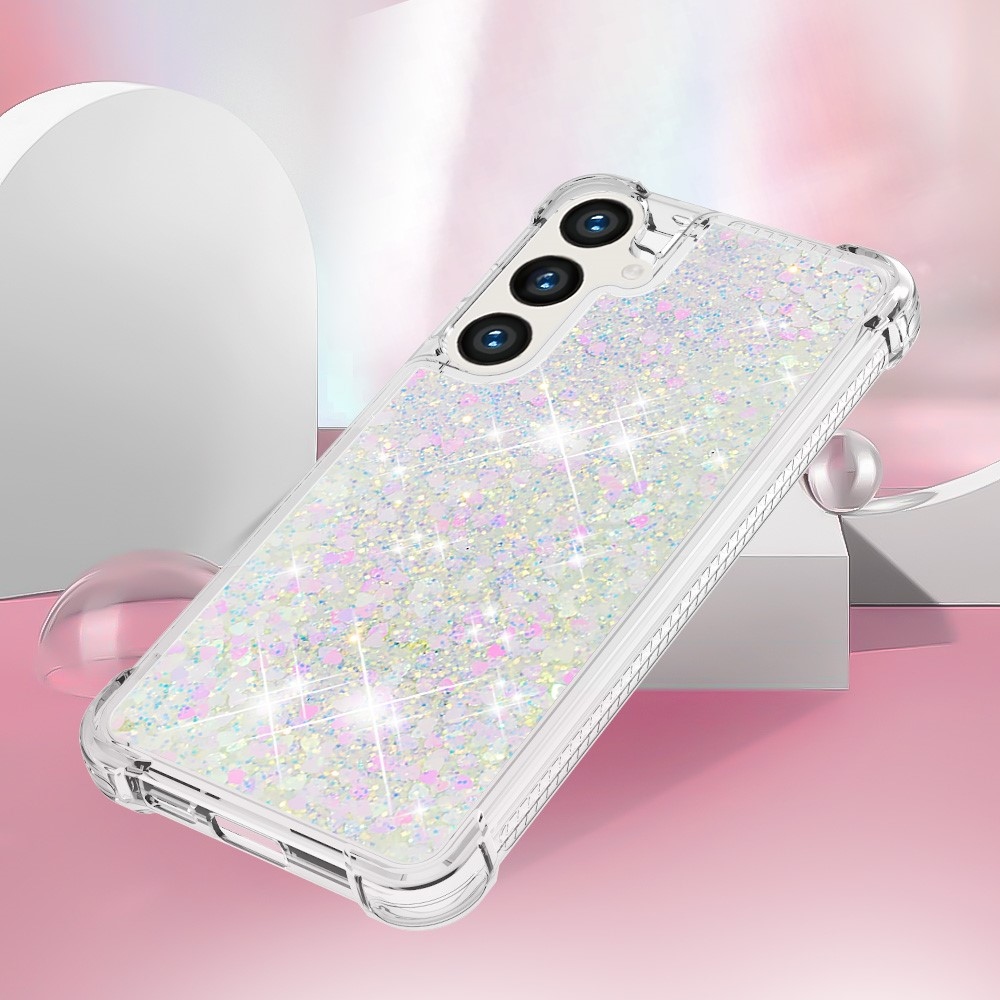 Glitter přesýpací gelový obal na Samsung Galaxy S24 - růžovostříbrný/srdíčka