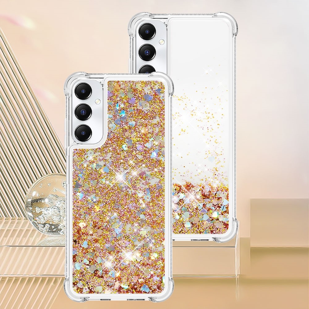Glitter gelový přesýpací obal na Samsung Galaxy A05s - zlatý/srdíčka