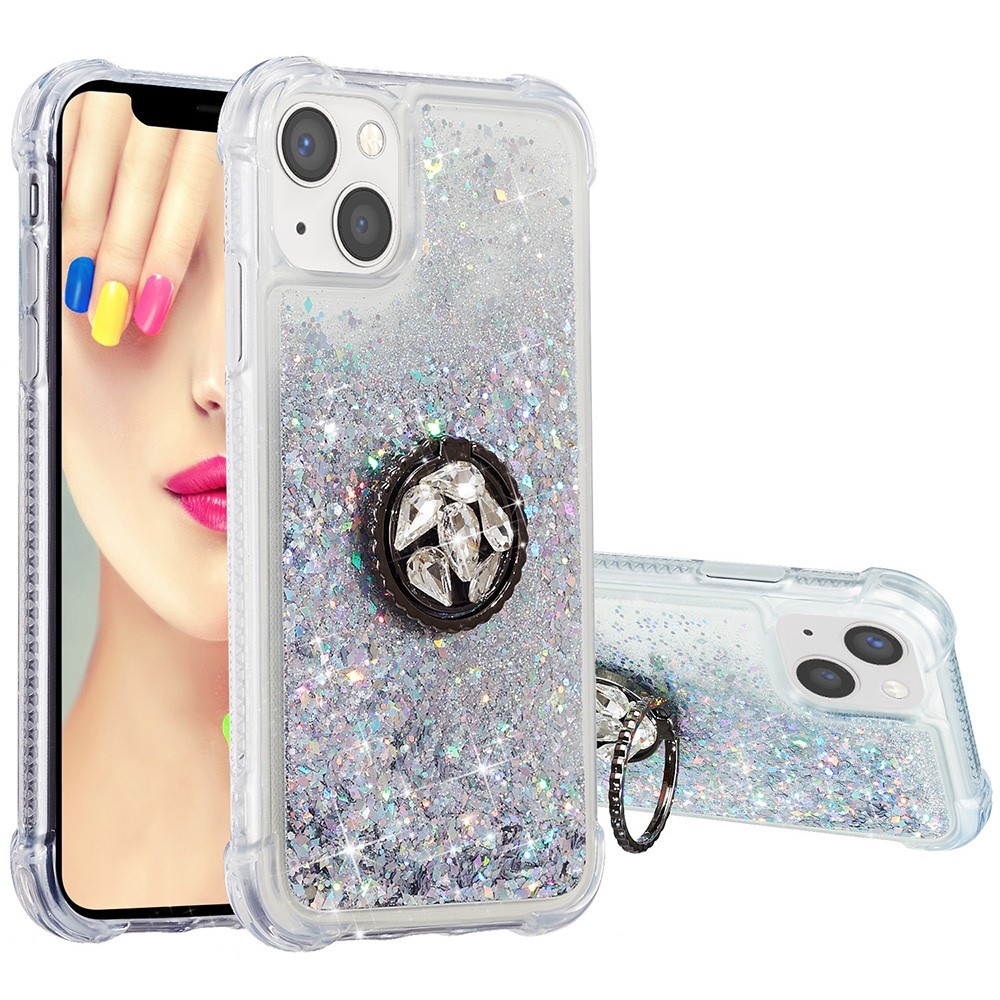 Glitter přesýpací gelový obal na iPhone 15 - stříbrný