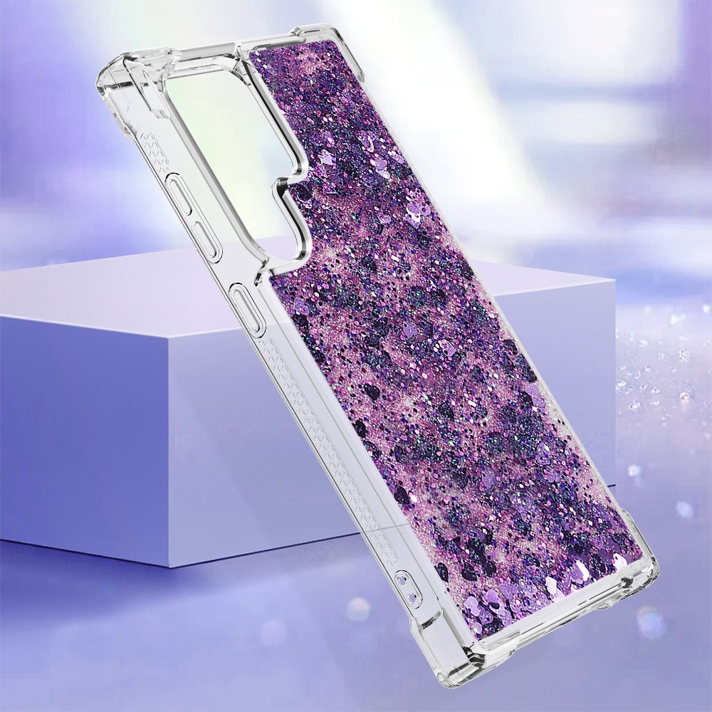 Glitter přesýpací gelový obal na Samsung Galaxy S24 Ultra - tmavěfialový/srdíčka