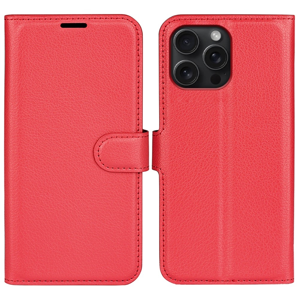 Litchi knížkové pouzdro na iPhone 16 Pro - červené
