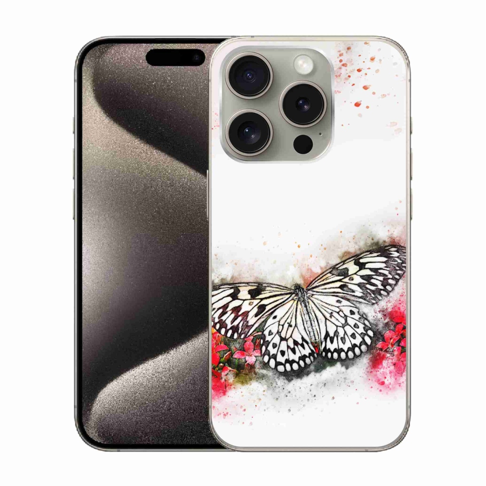 Gelový kryt mmCase na iPhone 15 Pro - černobílý motýl