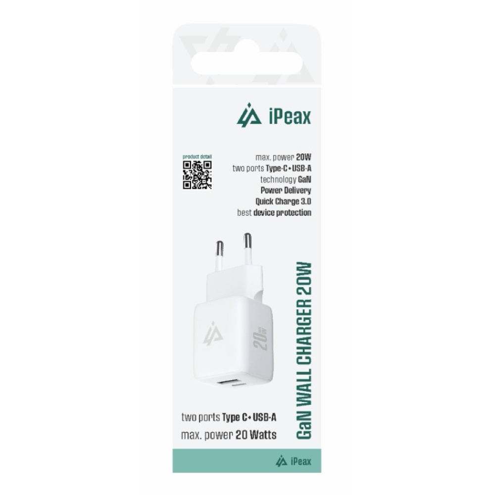 iPEAX GaN Síťová nabíječka 20 W 1x USB-C a 1x USB-A - bílá
