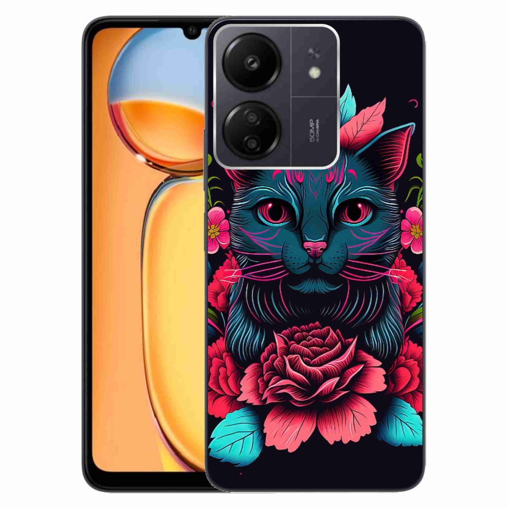 Gelový kryt mmCase na Xiaomi Poco C65/Redmi 13C - květiny a kočka