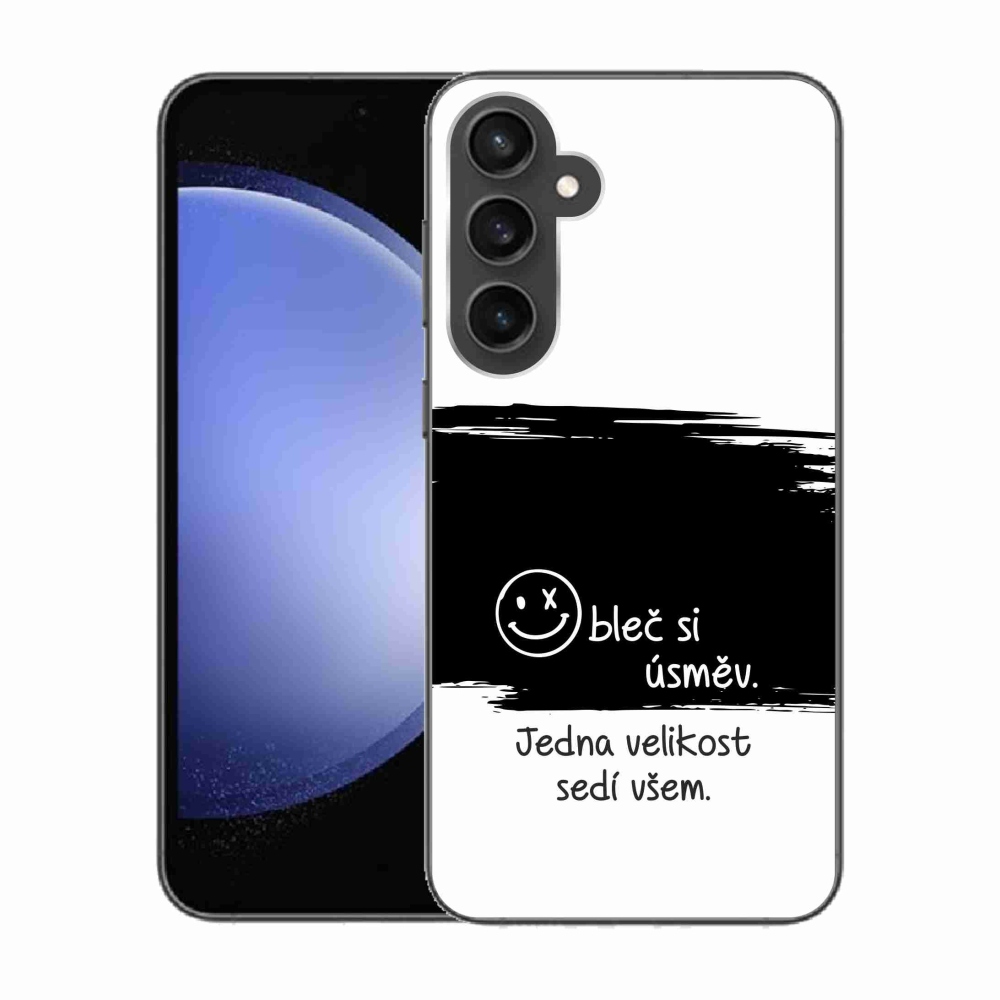 Gelový kryt mmCase na Samsung Galaxy S23 FE - vtipný text 8 černobílé pozadí