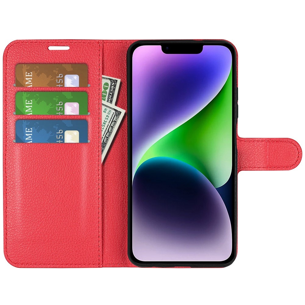 Litchi knížkové pouzdro na iPhone 15 Plus - červené