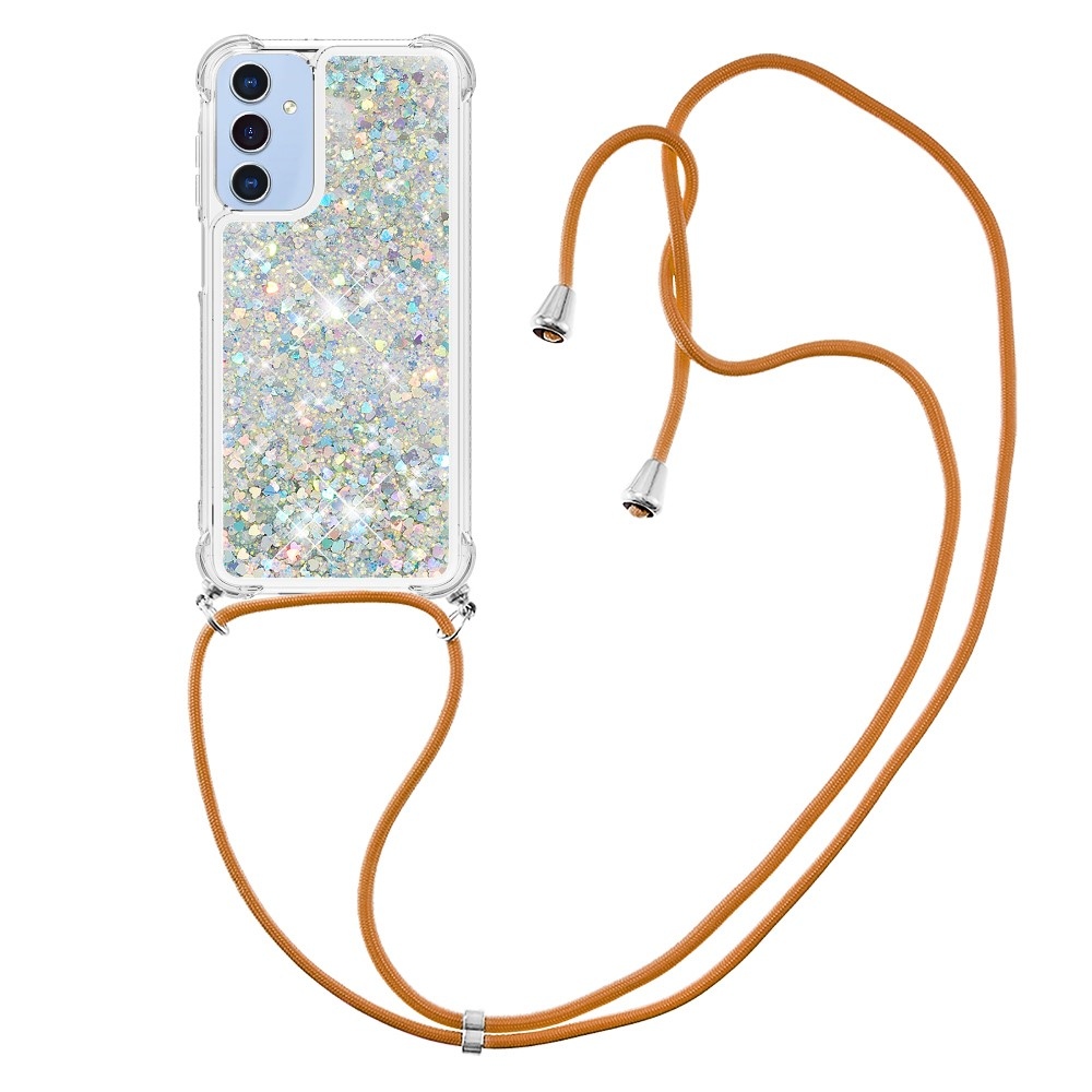 Glitters přesýpací gelový obal se šňůrkou na Samsung Galaxy A26 5G - stříbrný/srdíčka