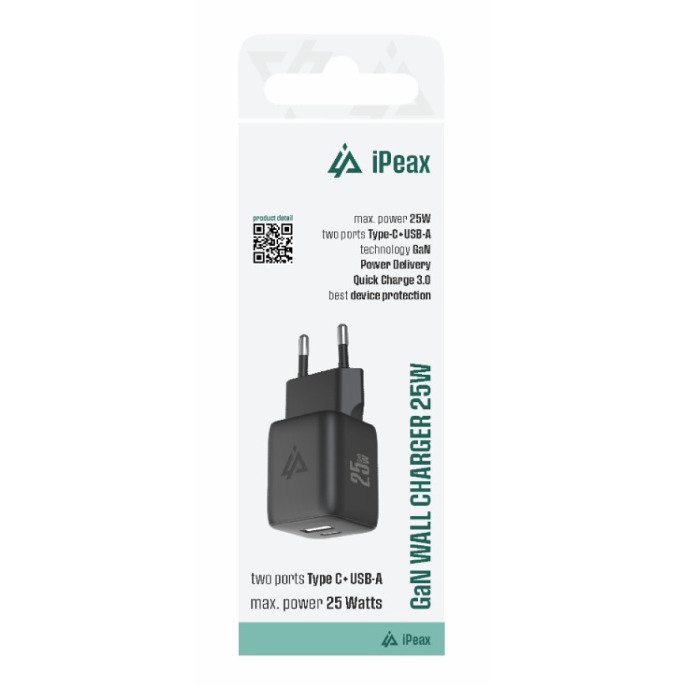 iPEAX GaN Síťová nabíječka 25 W, 1x USB-C a 1x USB-A - černá