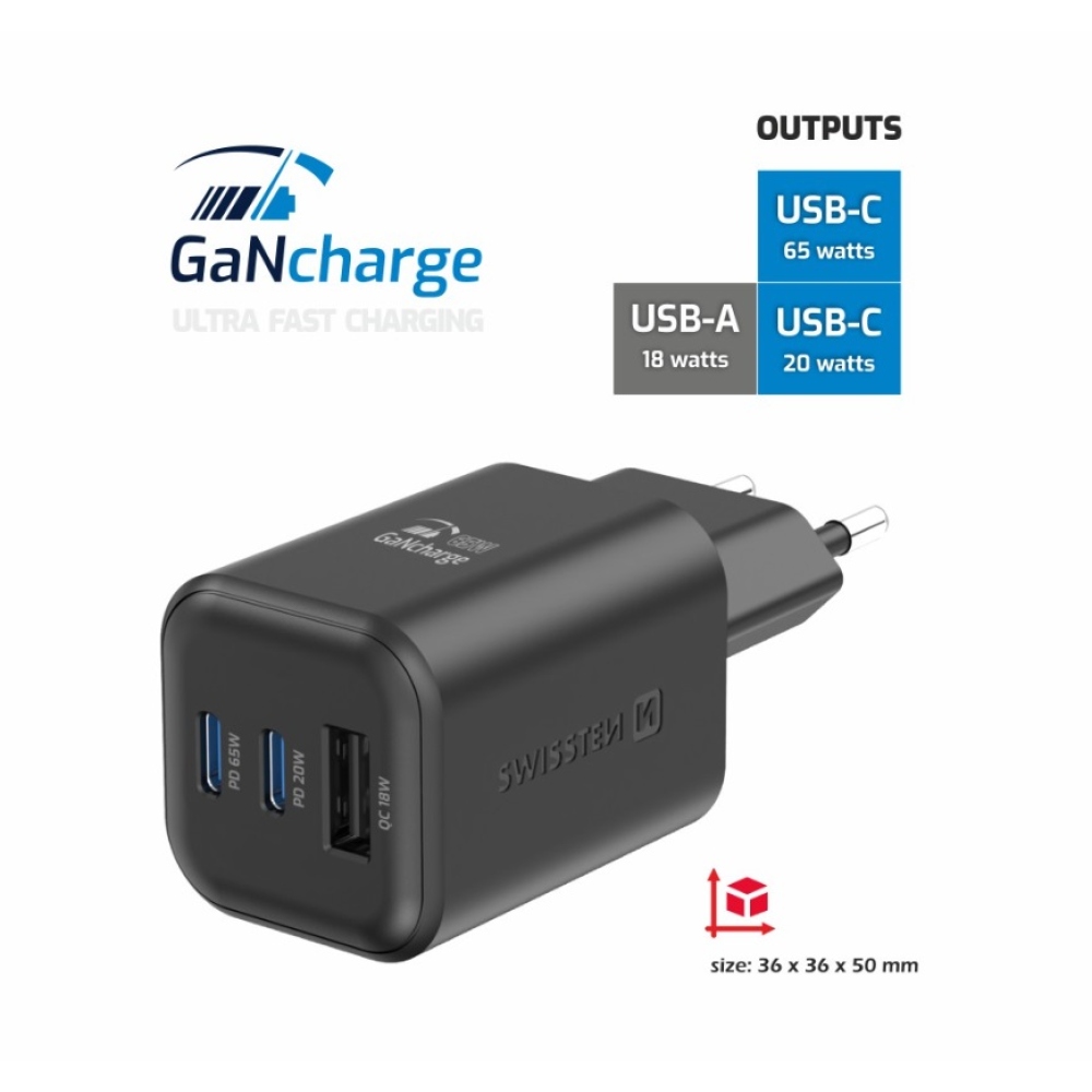 Nabíječka Swissten GaN 2x USB-C 65W PD + 1x USB-A 18W QC - černá