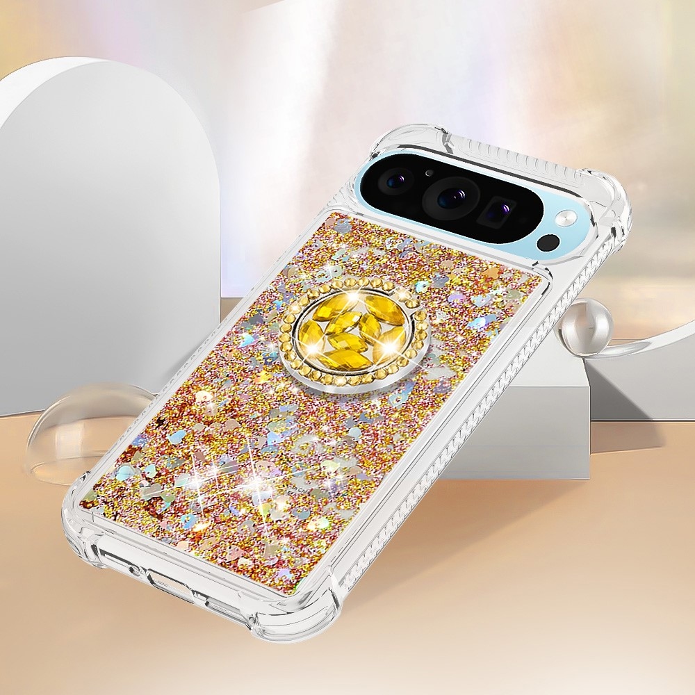 Glitt přesýpací gelový obal s kroužkem na prst na Google Pixel 10 - zlatý/srdíčka