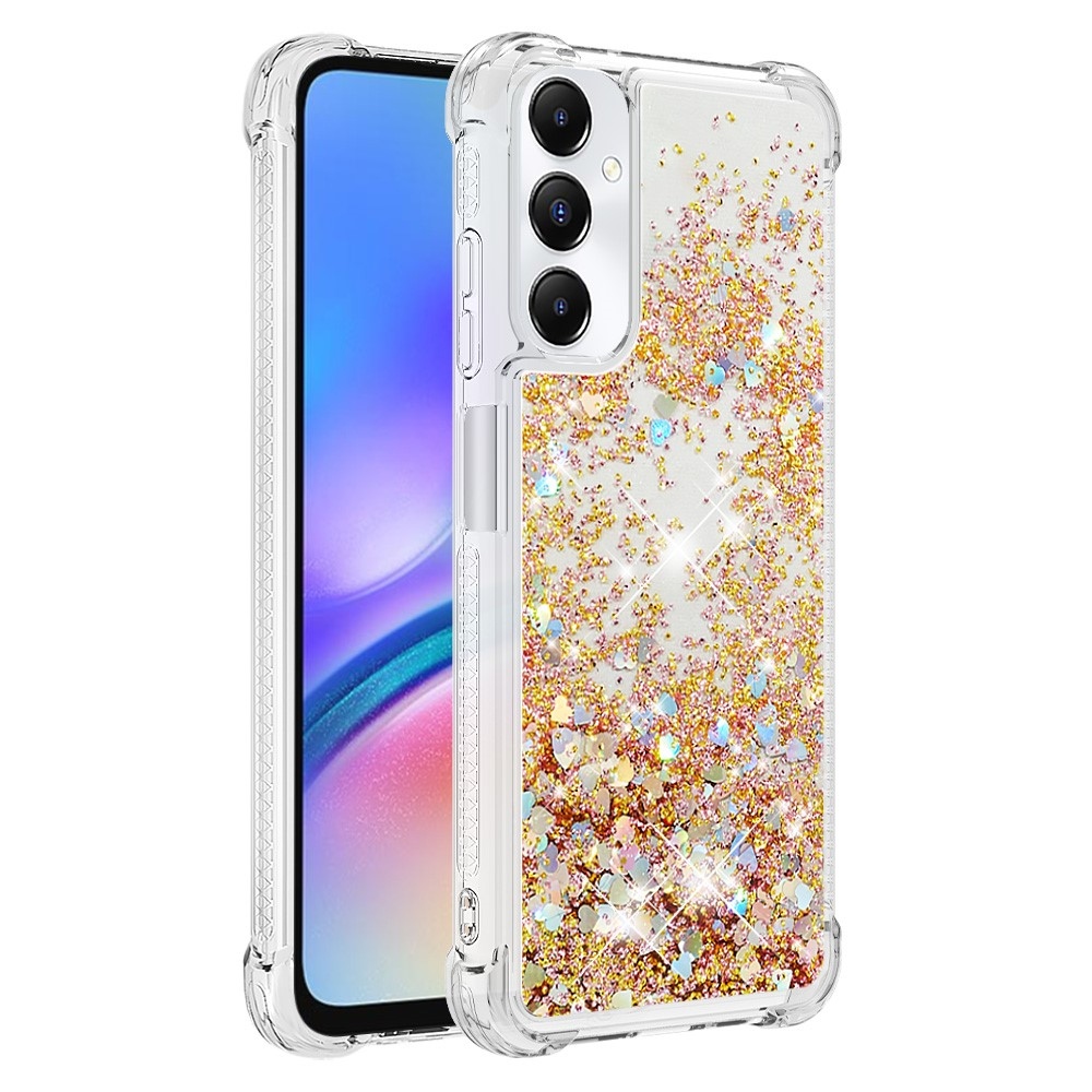 Glitter gelový přesýpací obal na Samsung Galaxy A05s - zlatý/srdíčka