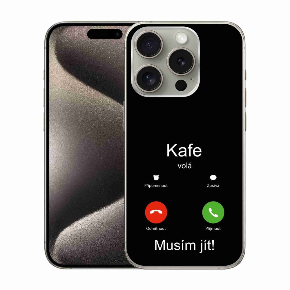Gelový kryt mmCase na iPhone 15 Pro - kafe volá černé pozadí