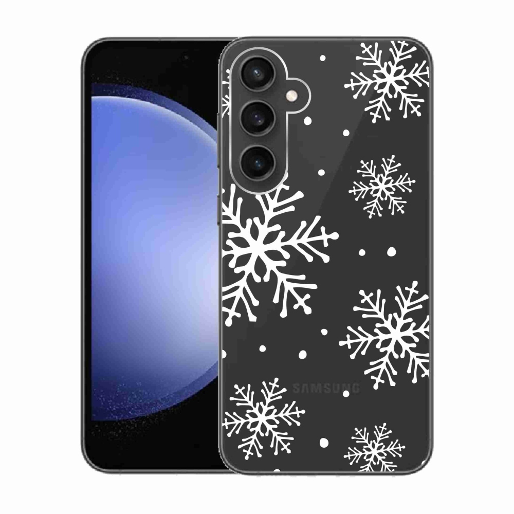 Gelový kryt mmCase na Samsung Galaxy S23 FE - bílé vločky na průhledném pozadí