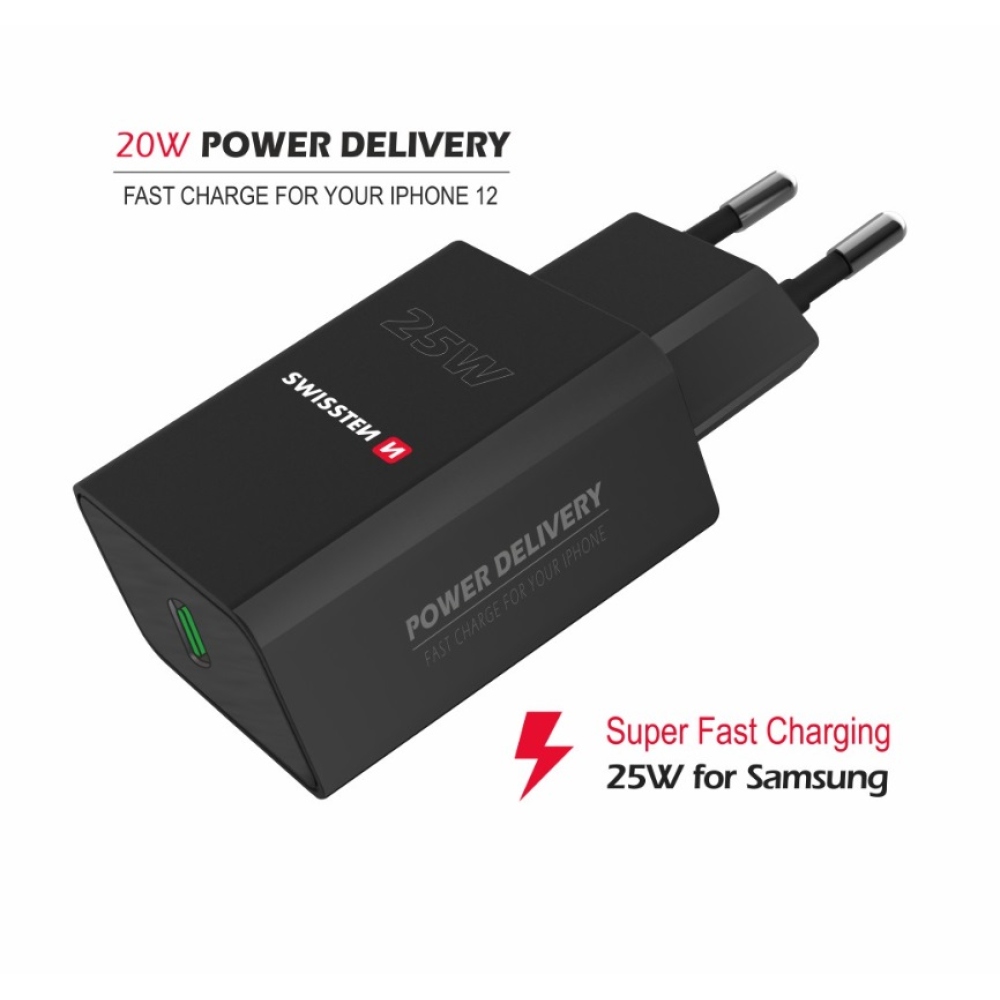 Swissten síťový adaptér PD 25W pro iPhone a Samsung (EKO balení) - černý