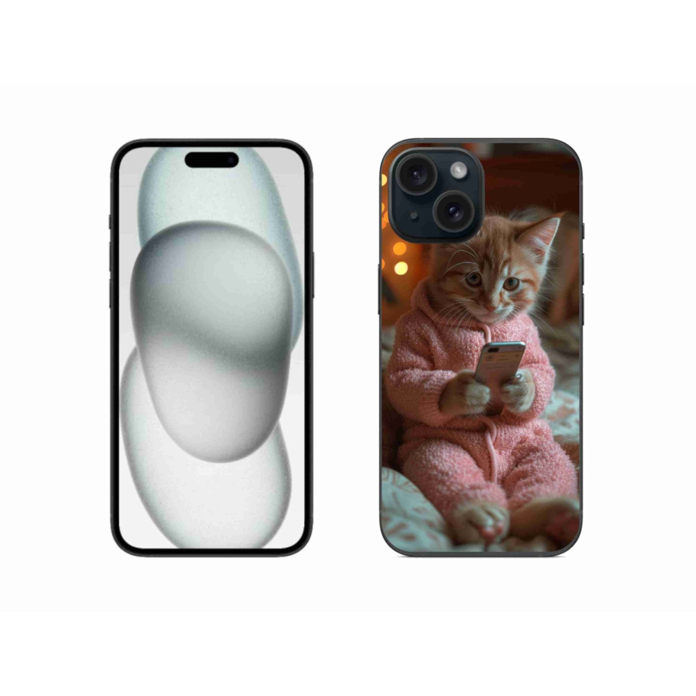 Gelový kryt mmCase na iPhone 15 - kotě s mobilem