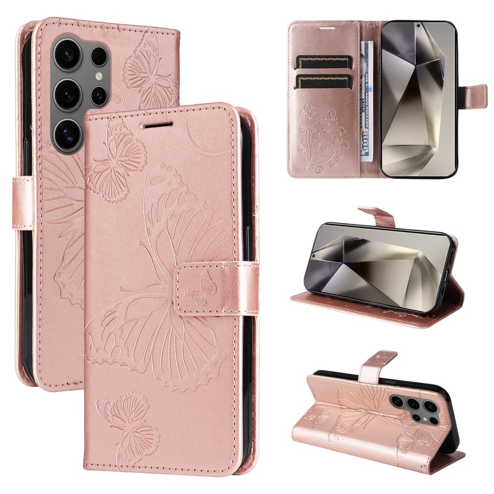 Big Butterfly knížkové pouzdro na Samsung Galaxy S25 Ultra - růžovozlaté
