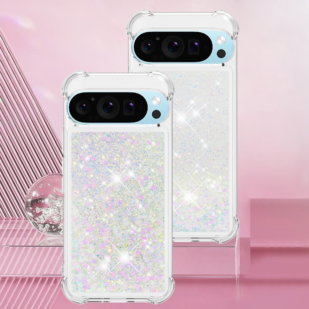 Glitter přesýpací gelový obal na Google Pixel 10 Pro/Pixel 10 - růžovostříbrný/srdíčka