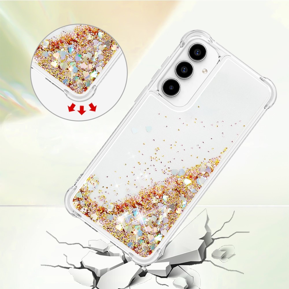 Glitter gelový přesýpací obal na Samsung Galaxy A55 5G - zlatý/srdíčka
