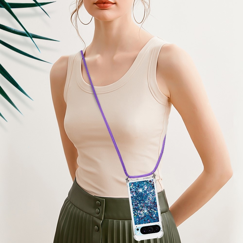 Glitters přesýpací gelový obal se šňůrkou na Google Pixel 10 Pro/Pixel 10 - modrý/srdíčka