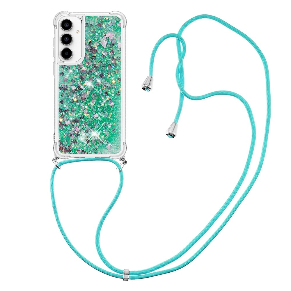 Glitters přesýpací gelový obal se šňůrkou na Samsung Galaxy A36 5G - zelený/srdíčka