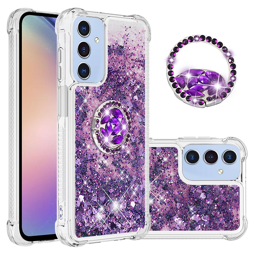 Glitt přesýpací gelový obal s kroužkem na prst na Samsung Galaxy A17 5G - tmavěfialový/srdíčka