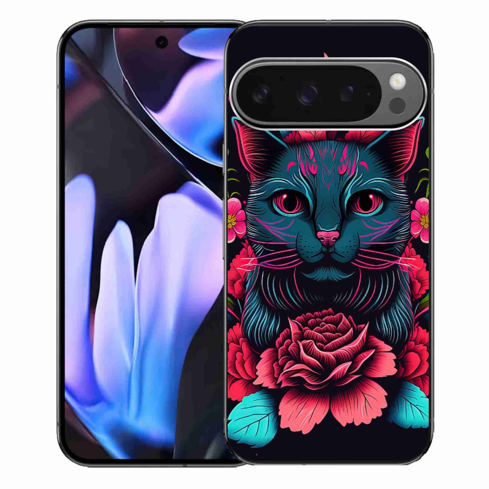 Gelový kryt mmCase na Google Pixel 9 Pro XL - květiny a kočka