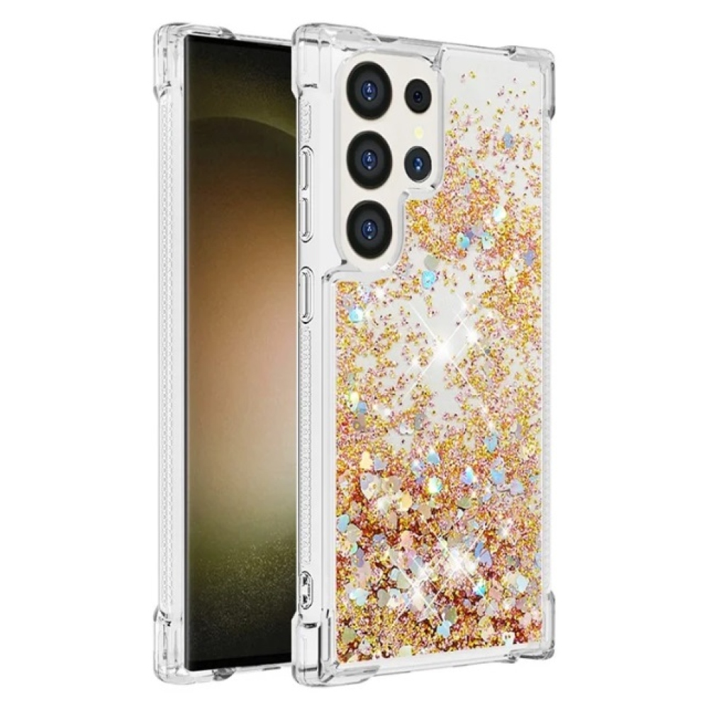 Glitter přesýpací gelový obal na Samsung Galaxy S24 Ultra - zlatý/srdíčka
