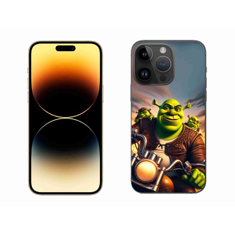 Gelový kryt mmCase na iPhone 14 Pro Max 6.7 - shrek na motorce