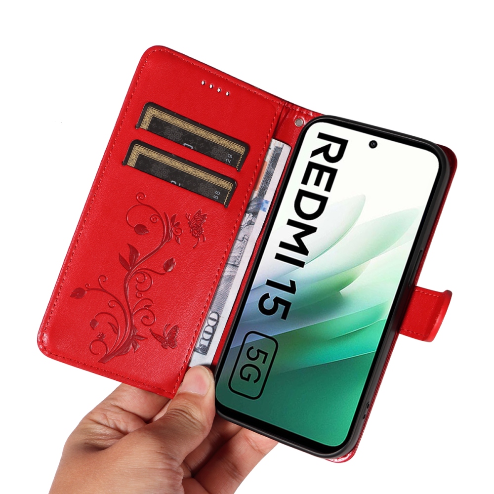 Flowery knížkové pouzdro na Xiaomi Redmi 15 4G (171mm) - červené