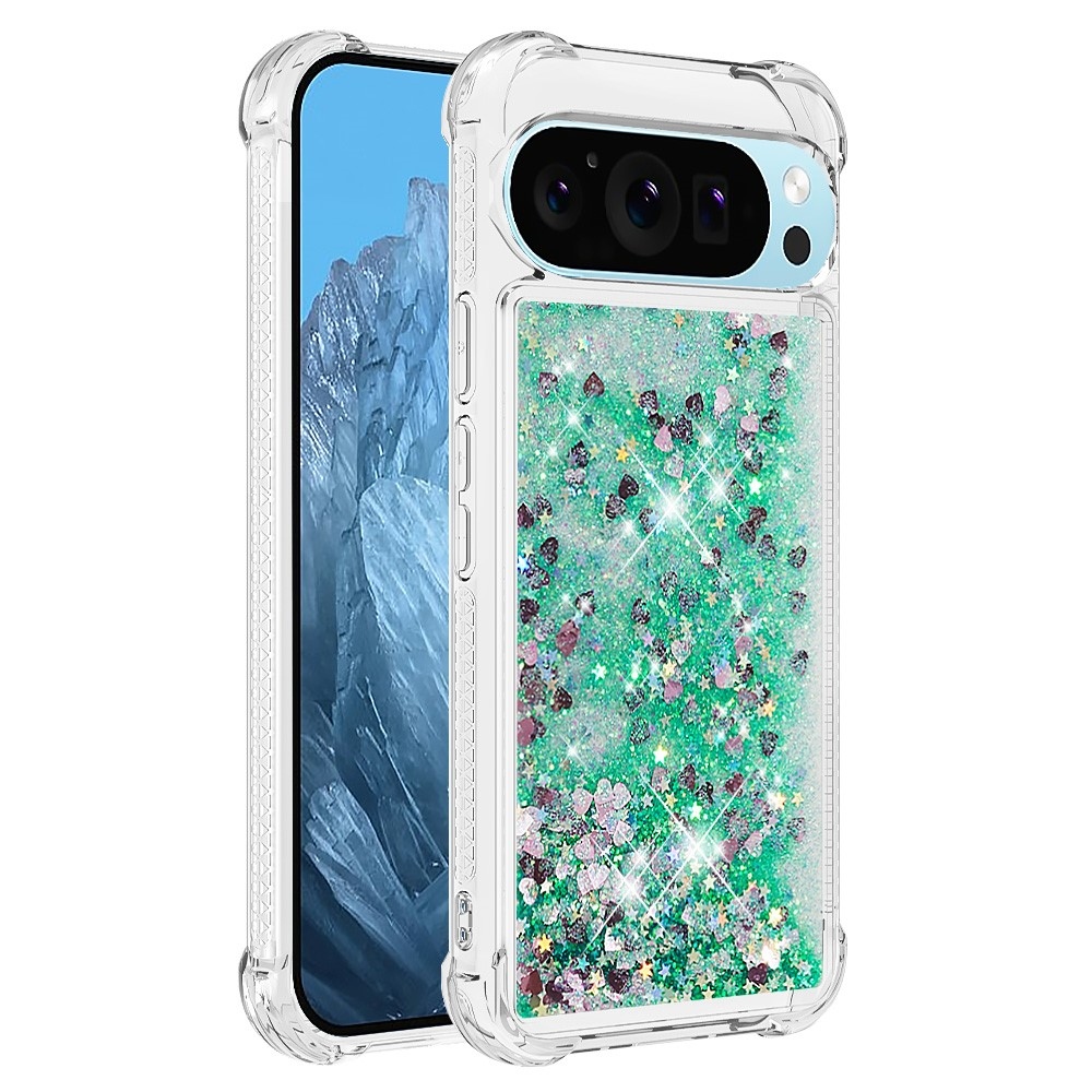 Glitter přesýpací gelový obal na Google Pixel 10 Pro/Pixel 10 - zelený/srdíčka