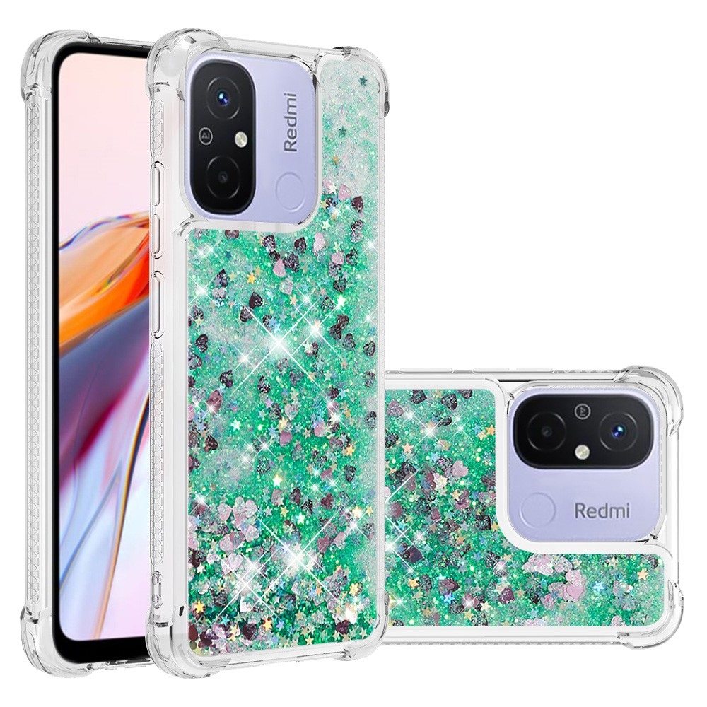 Glitter přesýpací gelový obal na Xiaomi Redmi 12C - zelený/srdíčka