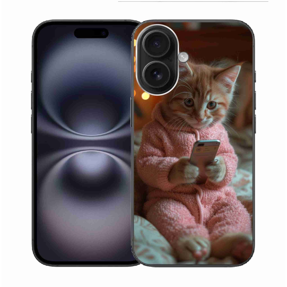 Gelový kryt mmCase na iPhone 16 - kotě s mobilem