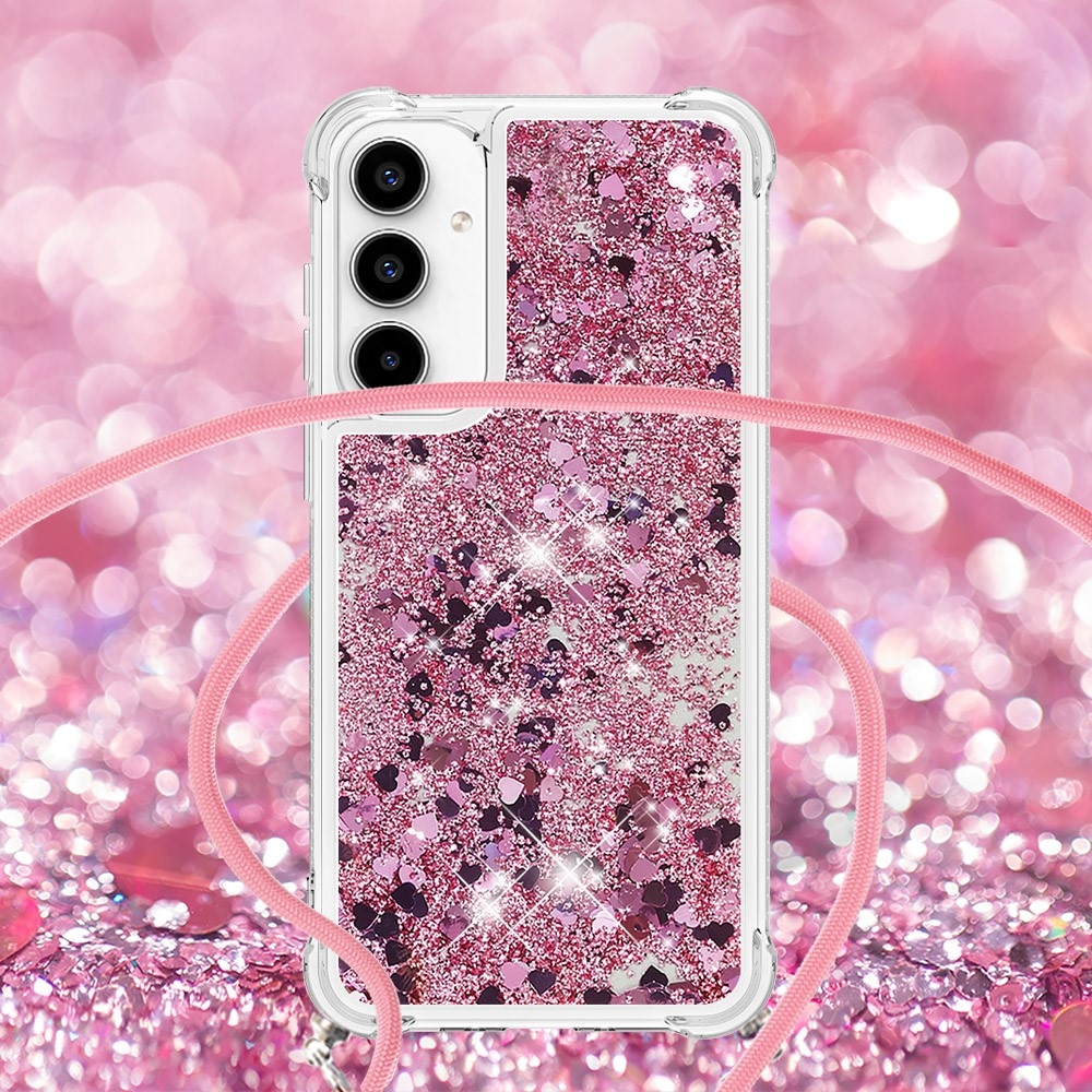 Glitters přesýpací gelový obal se šňůrkou na Samsung Galaxy A56 5G - růžovozlatý/srdíčka