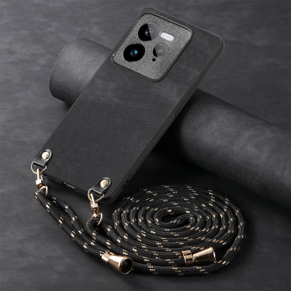 Retro gelový obal se šňůrkou a s umělou kůží na Realme GT 7 Pro 5G - černý