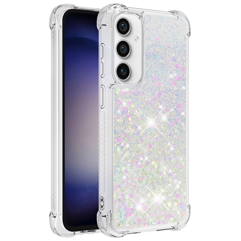 Glitter gelový přesýpací obal na Samsung Galaxy S23 FE - růžovostříbrný/srdíčka