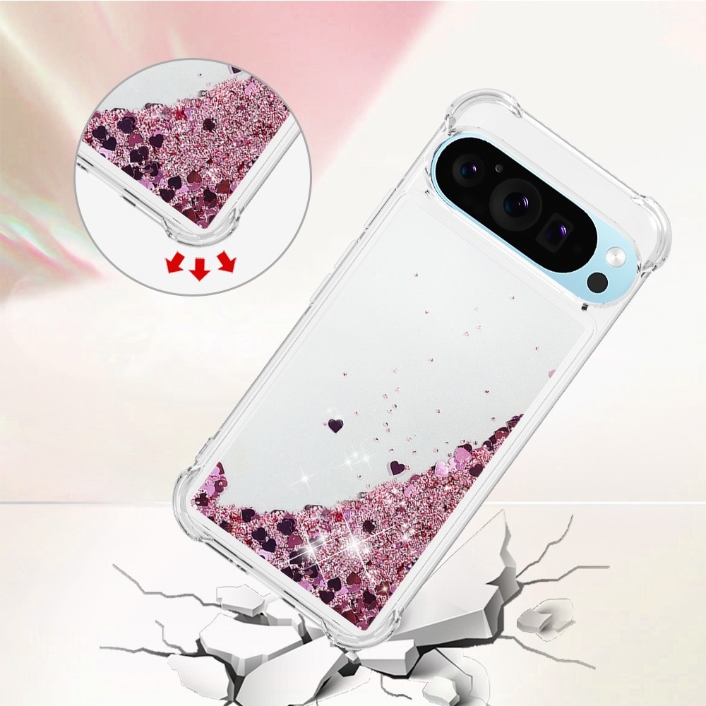 Glitter přesýpací gelový obal na Google Pixel 10 Pro/Pixel 10 - růžovozlatý/srdíčka