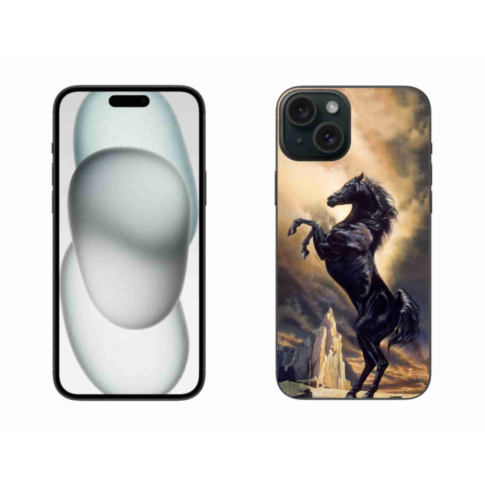 Gelový kryt mmCase na iPhone 15 Plus - černý kreslený kůň