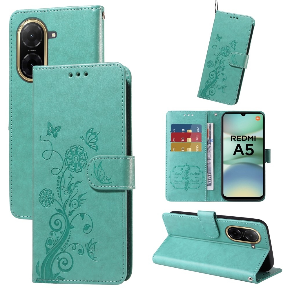 Flowery knížkové pouzdro na Xiaomi Redmi A5 (173.45x79.35x8.45mm) - modrozelené