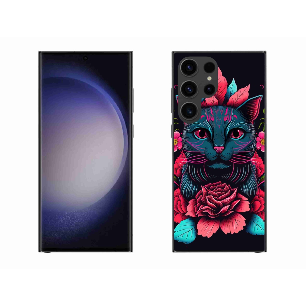 Gelový kryt mmCase na Samsung Galaxy S23 Ultra 5G - květiny a kočka